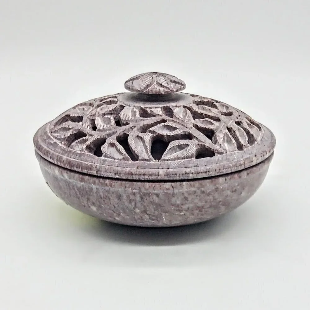 Grey Lavender Hand-Carved Covered Soapstone Round Box